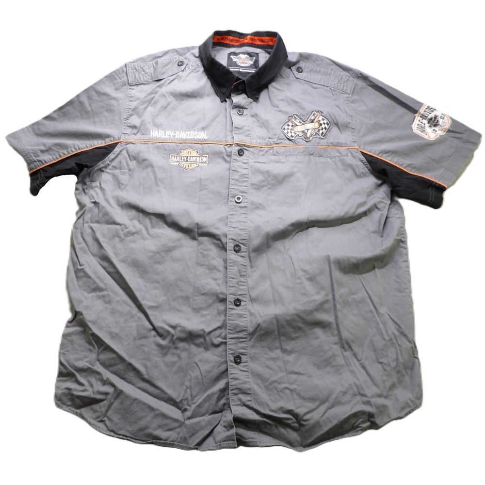 Harley Davidson Mechanic Shirt Men XL Gray V-Twin Racing Graphic Button Up Biker